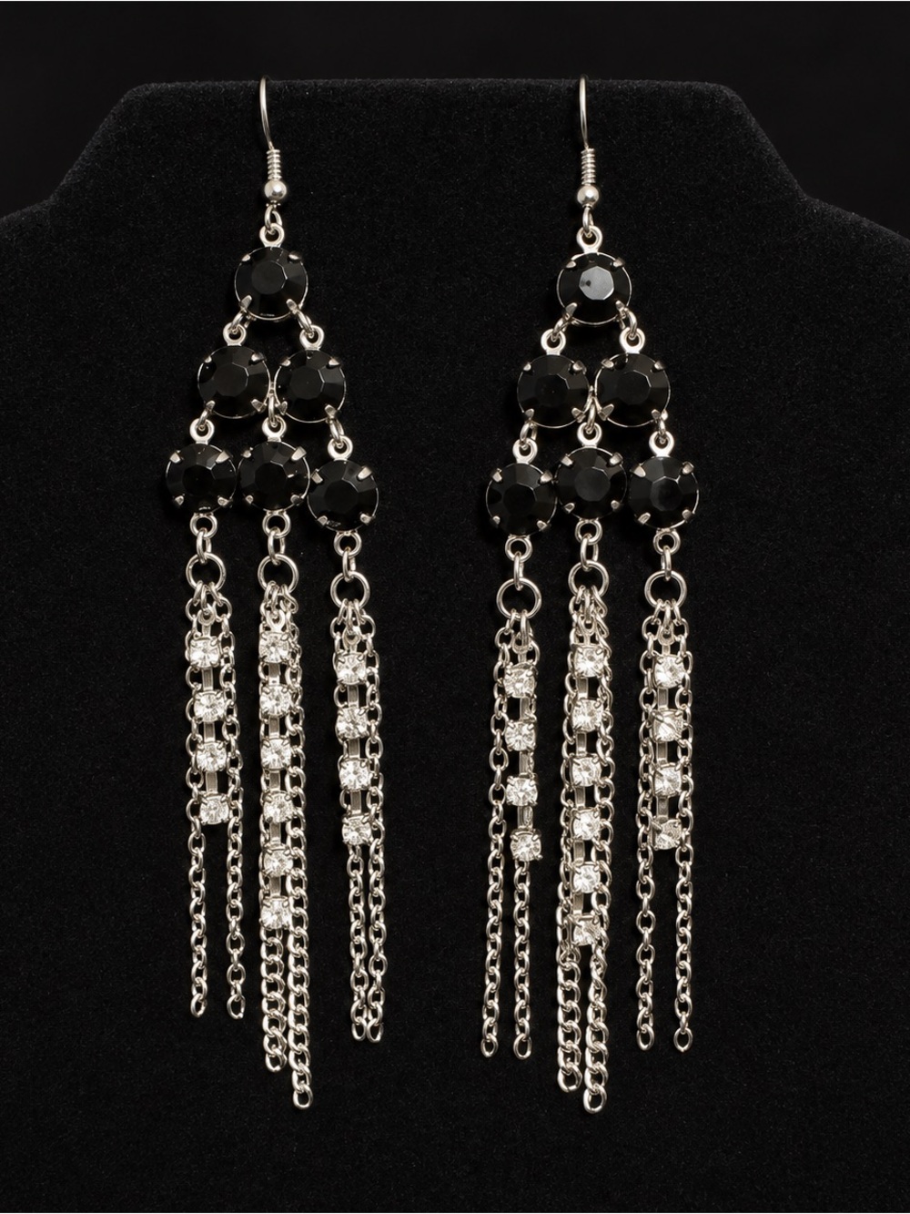 Black Rhinestone Silver-Tone Chandelier Earrings